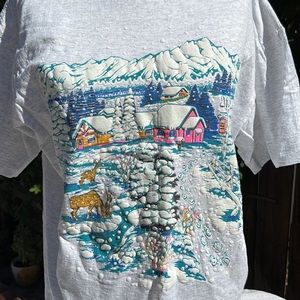Vintage 90’s Oneita Winter Snow Scene Single Stitch Tee.🔥